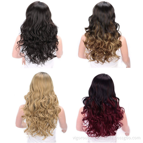 Vigorous Long Ombre Red Big Wave Synthetic Wigs for Women Side Parting with Bangs Heat Resistant Wavy Cosplay Wigs